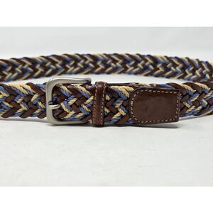 EMIDIO TUCCI LEATHER BROWN BLUE CREAM STRETCH WOVEN SILVER MENS BELT 40"